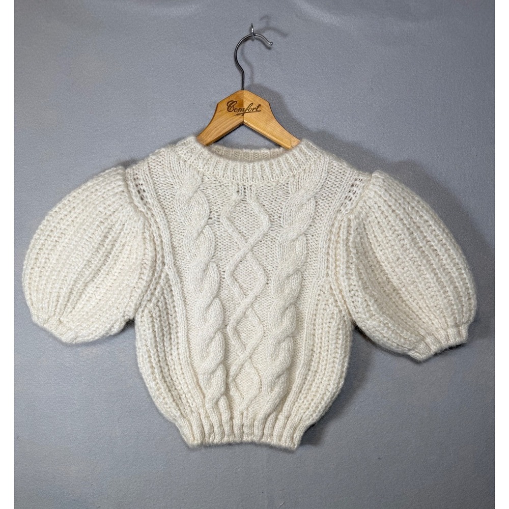 Zara Womens Cable Knit Puff Sleeve Sweater Cream Wool Alpaca Crop Soft Small